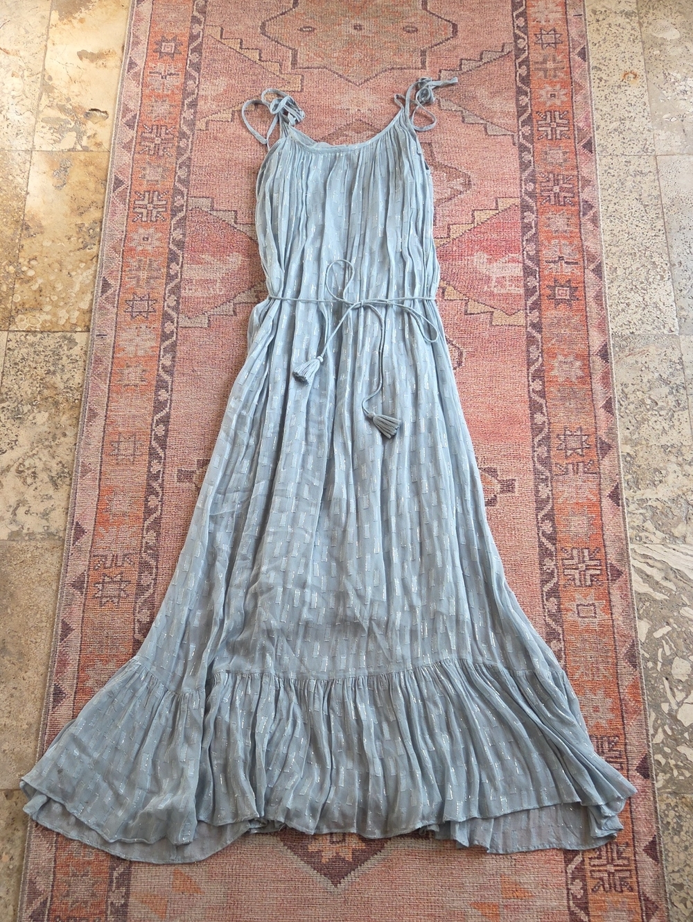 Light Blue with delicate gold details  Tie-Shoulder Maxi Dress